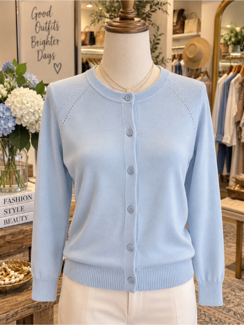 Macy’s Light Blue Women's Button-Up Crewneck Sweater NWT